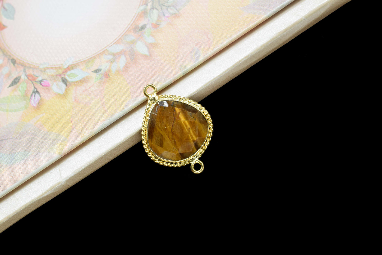 Natural Tiger Eye Gemstone 14mm Heart Shape connector,Tiger Eye charms Pendant Jewelry Making,Tiger Eye Gold Plating Double bail connector