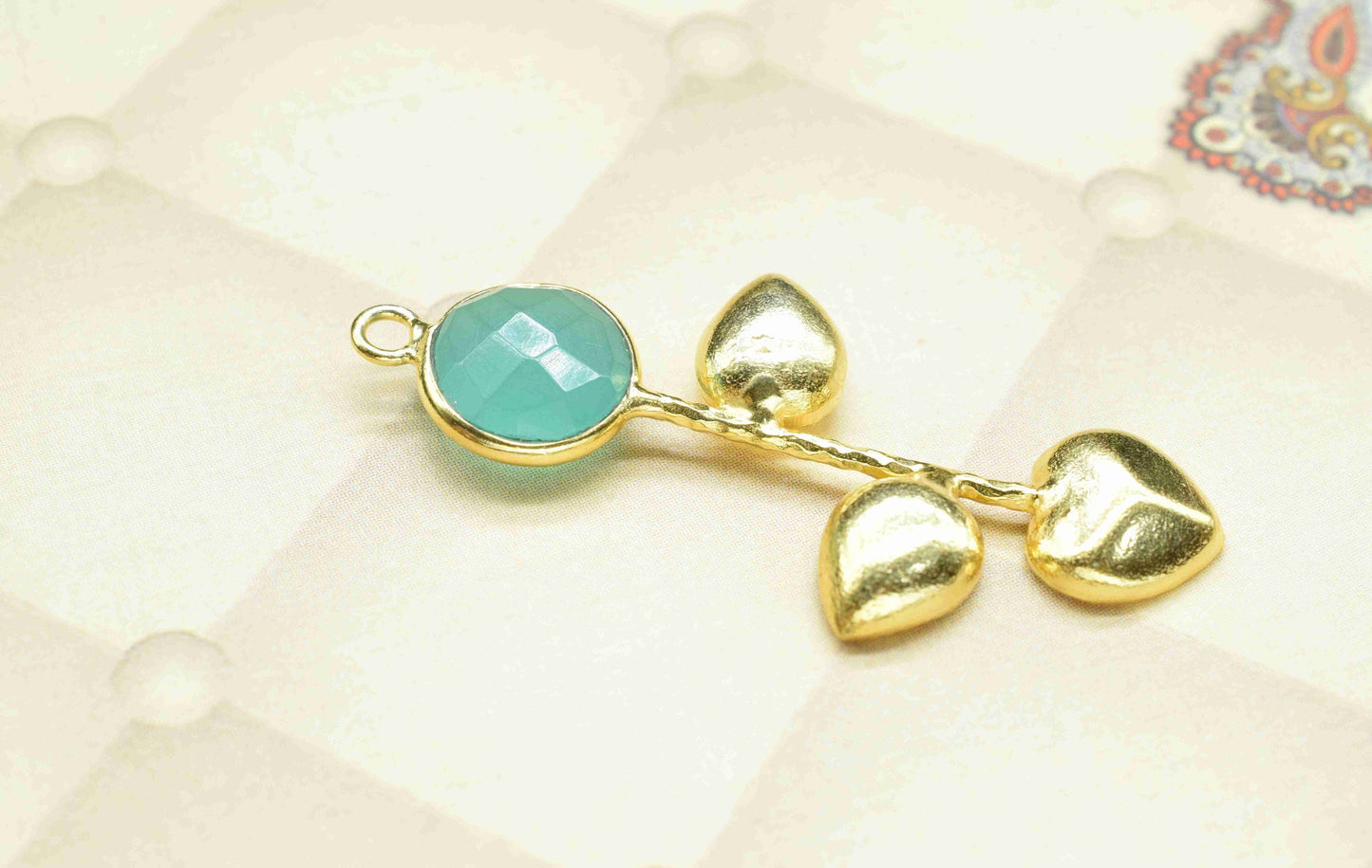 Aqua Chalcedony Round Shape Pendant , Aqua Chalcedony  Single Bail Charms , Genuine Gemstone Charms ,Gold Plated Gemstone Connectors ,Summer
