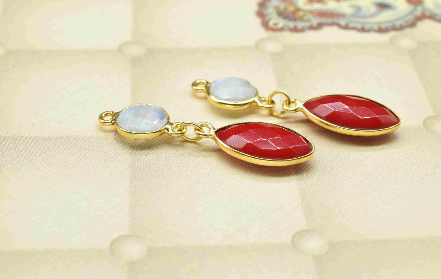 Red Coral Component pendant,Multi Gemstone Dangle Earring,Moonstone Connector jewelry,Dangle pendant Charm,Handmade Station Bezel Link,Gift