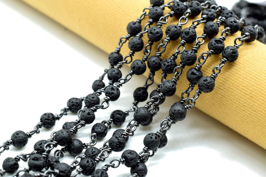 Black Lava Rock 4mm Round Beaded Wire Wrapped Black Polished Plated Chain -Beaded Chain,Black Lava Rosary Chain,Delicate Rosary Beaded Chain