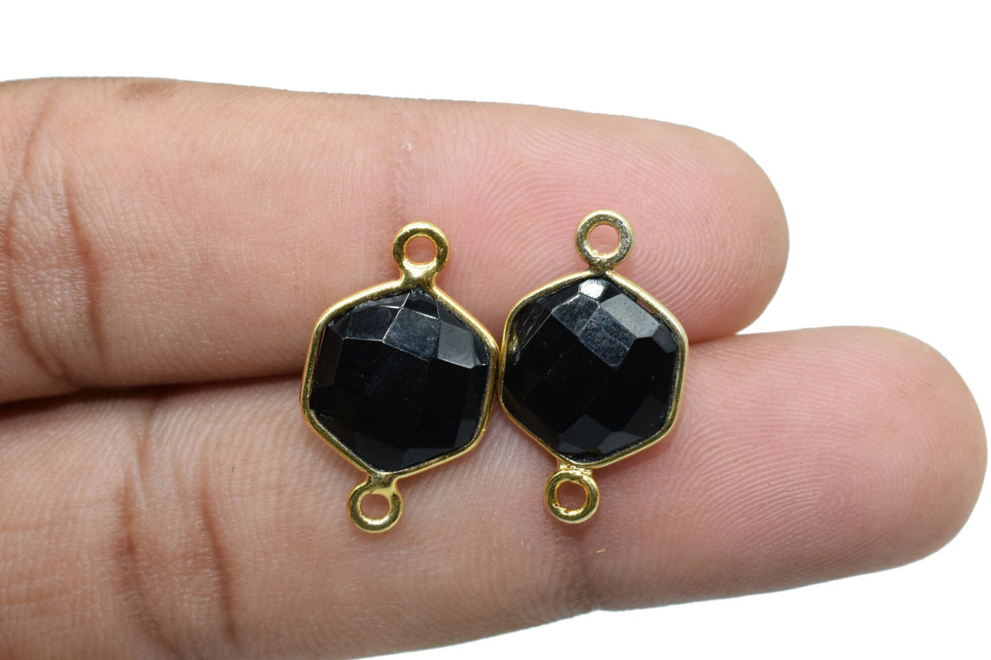Black onyx 10mm Hexagon Shape Pendant,Gold Plated double Bail Gemstone Connector,Faceted Hexagon Shape Gemstone Bezel,Onyx Hexagon Charms