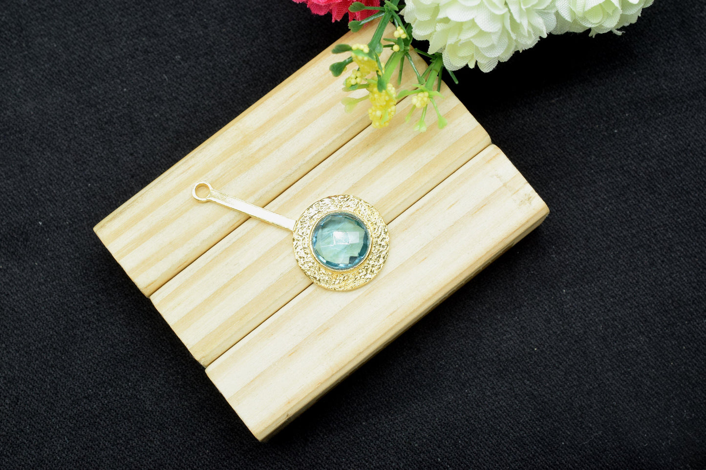 Blue Topaz Pendant , Blue Topaz Gemstone Handmade Pendant ,Single Bail Checker Cut Gemstone Connector, Gold Plated Connectors