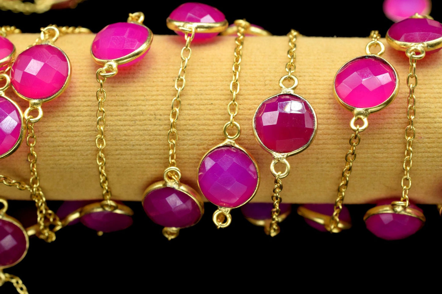 Natural Pink Chalcedony Rosary Bezel Connector Chain/Continuous Chain 10 MM connector Chain for jewelry, Gold Plated Rosary Style,gemstone