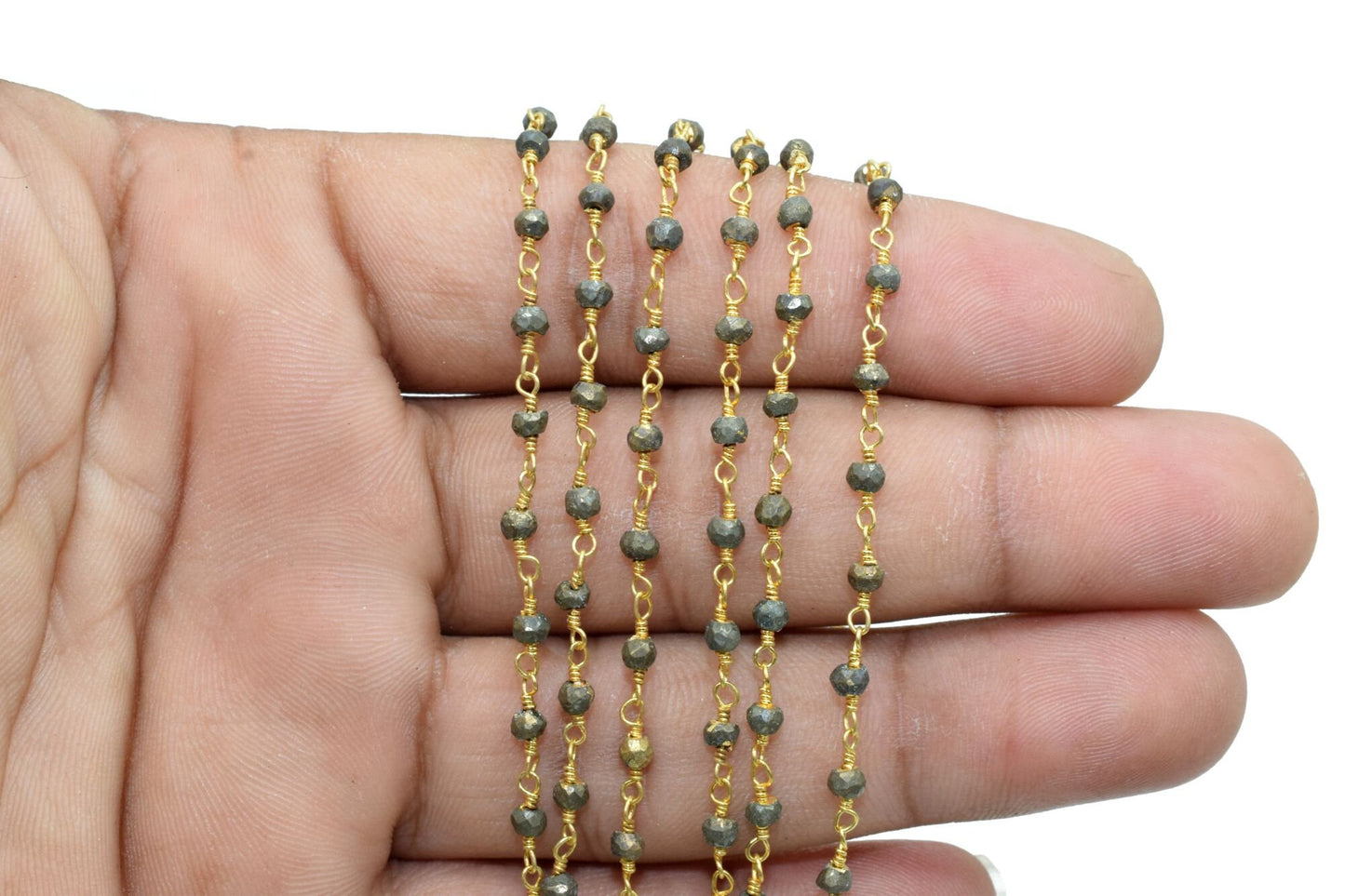 Natural Pyrite 3mm Beaded Chain,Beaded Rosary Chain,Pyrite Wrapped Brass Wire,Bracelet,Handmade Jewelry, Finding Necklace Chain In Brass