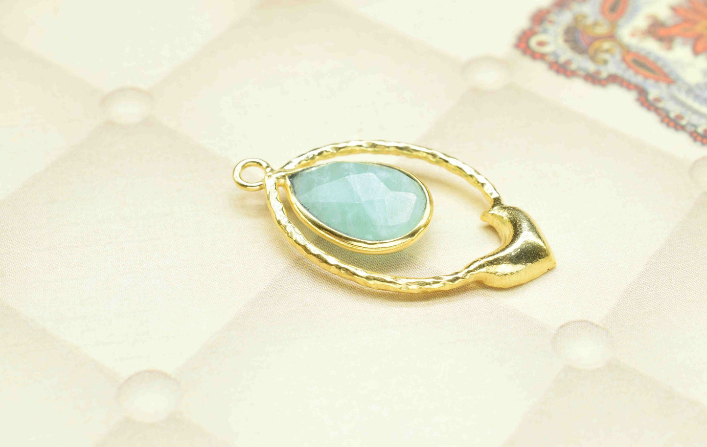 Amazonite Pear Shape Pendant , Amazonite Handmade Pendant , Multi Gemstone Charms , Gold Plated Gemstone Connectors , Summer Collection