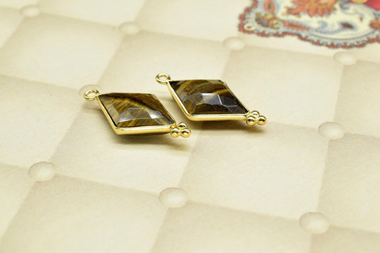 Tiger Eye Gemstone 15x20mm Diamond Shape connector,Tiger Eye charms Pendant Jewelry Making,Tiger Eye Gold Plating single bail Pendant,Gift