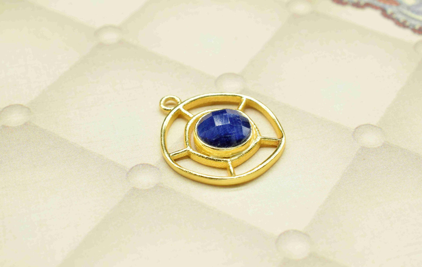 Sapphire Gemstone Component, Single Bail Charm , Sapphire Connector Pendant , Gold Plated Connectors , Earring Component , B'day Gift