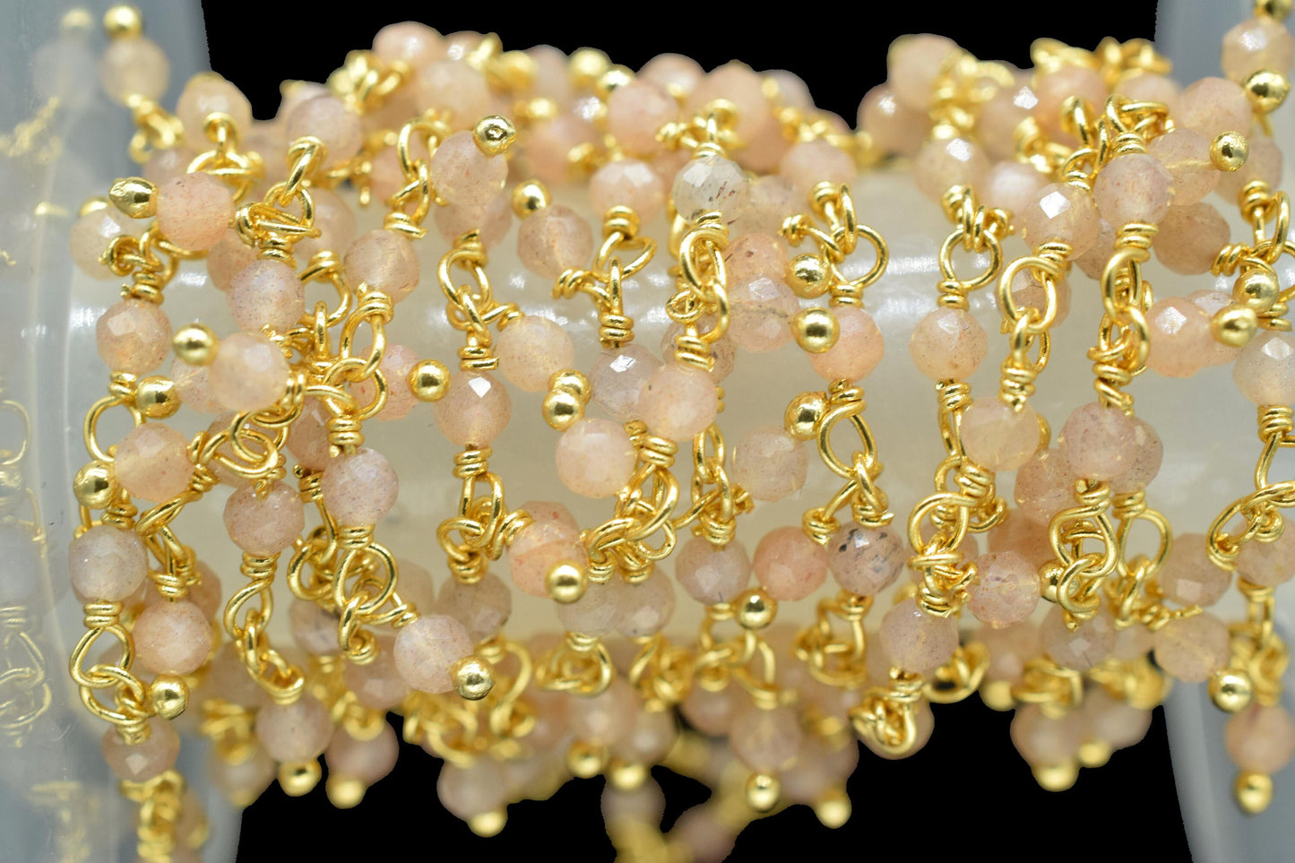 Peach moonstone Cluster Rosary Chain,Gemstone Chain,Wire Wrapped Necklace Chain,Peach Dangling Faceted Chain,Handmade Station Link Jewelry