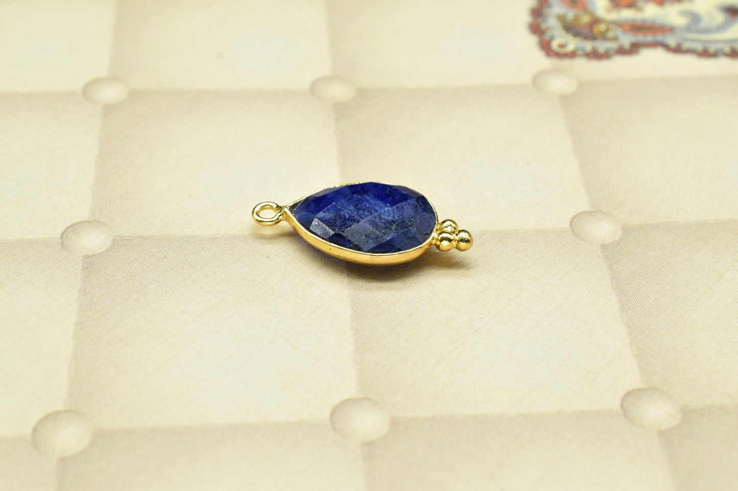 Blue Sapphire Faceted Charm,Sapphire Single Bail Connector,Blue Sapphire Pendant,Sapphire 10x14mm Pear Shape Gold Plated Charms Pendant,Gift