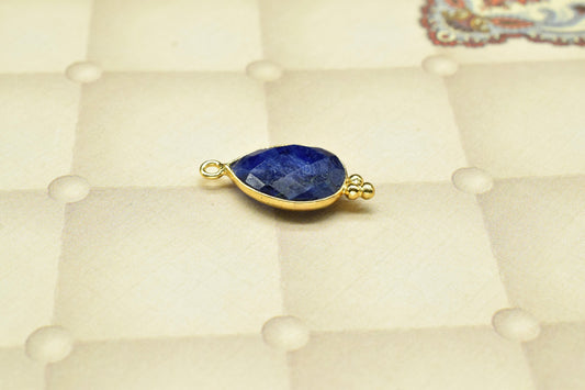 Blue Sapphire Faceted Charm,Sapphire Single Bail Connector,Blue Sapphire Pendant,Sapphire 10x14mm Pear Shape Gold Plated Charms Pendant,Gift