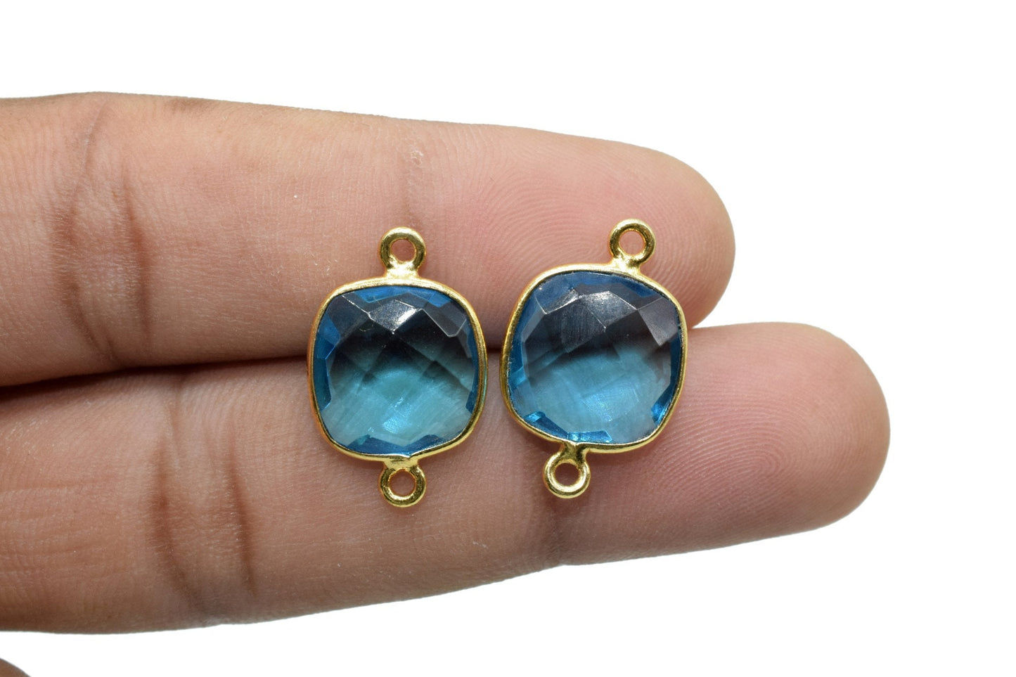 London Blue Topaz 12mm Cushion Shape Charms,Gold Plated Double Bail Gemstone Connector,Faceted Cushion Shape Gemstone Bezel,Cushion Charms