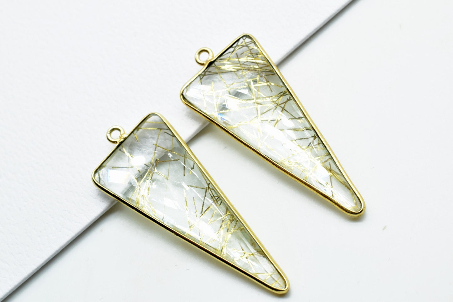 Gold Rutile 16x38mm Trillion Shape bezel,Gold Plated bezel,Gold Rutile Bezel Charm,Gold Rutile brass gold plated connector,Gold Rutile charm