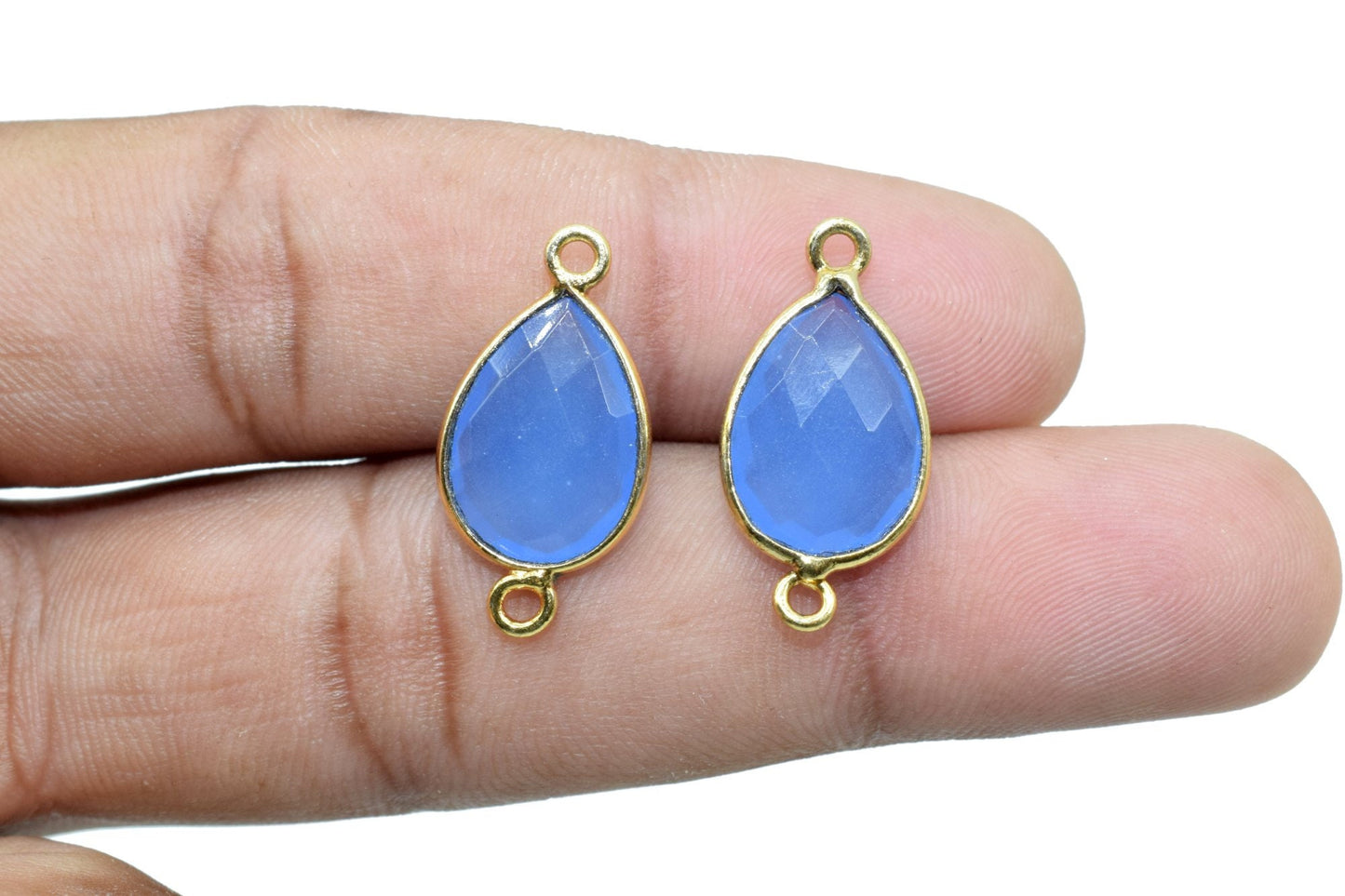 Blue Chalcedony 10x14mm Pear shape double bail connector,Blue Chalcedony Pear Shape Bezel Connector Gold Plated,chalcedony Connector,Jewelry