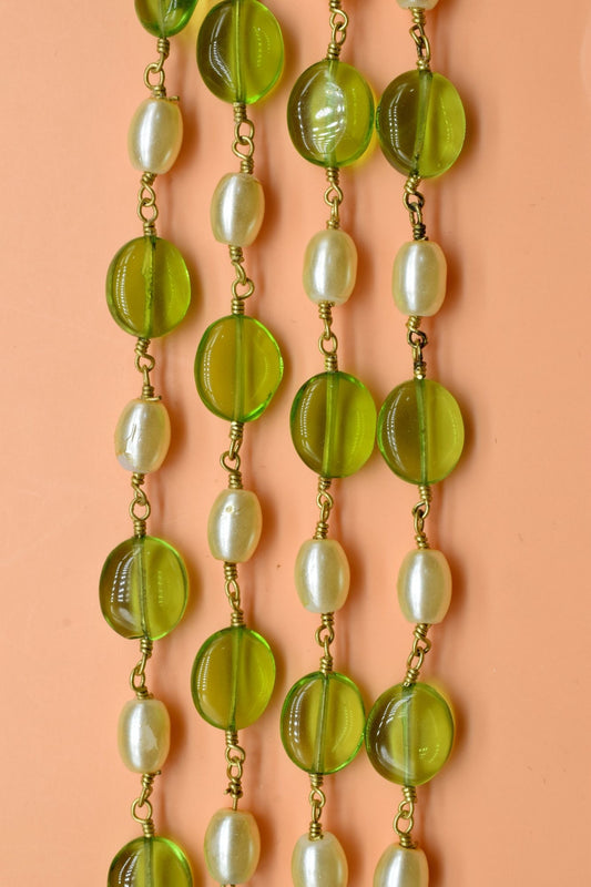 Pearl And Peridot Rosary Beaded Chain, Peridot And Pearl Wire Wrapped Rosary Chain, Gold Plated Wire Wrapped Rosary Chain for Making Jewelry