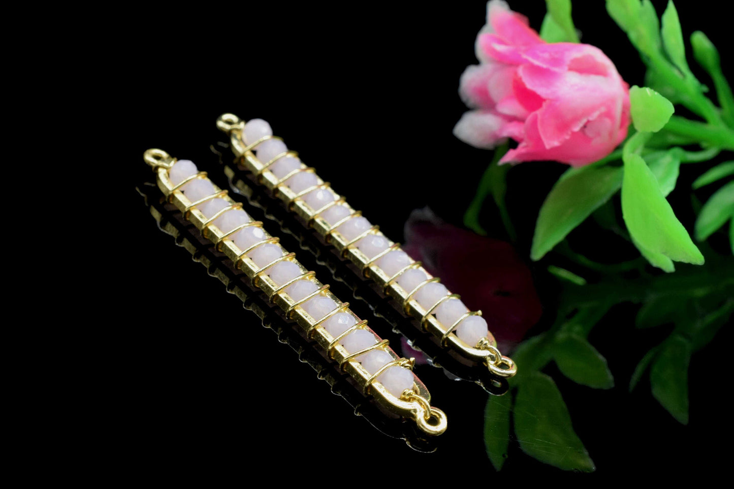 Pink Quartz beaded Bar Finding Connector,Pink Quartz Bar Pendant Necklace,Pink Bar Bracelet,Beaded Bar Finding Component,Pink Quartz jewelry