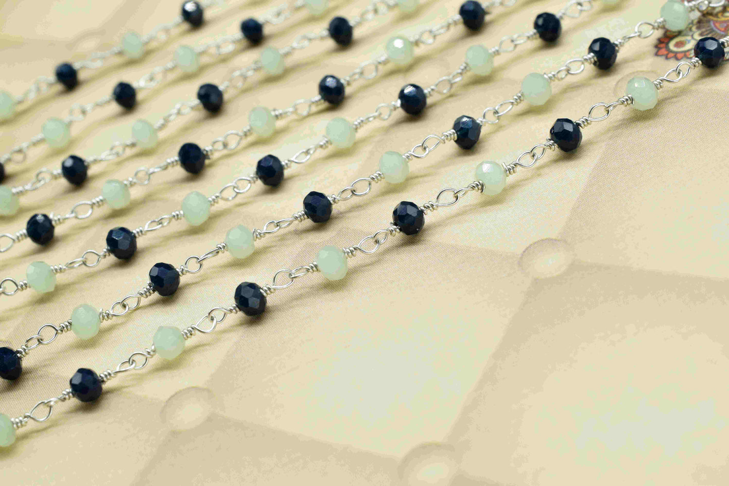 Blue Agate 3mm Beaded Chain,Multi Stone Beaded Rosary Chain,Aqua Quartz stone links,Handmade Jewelry Making Chain,Wire Wrapped Rosary Chain