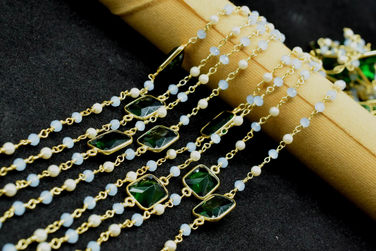 Blue Chalcedony Rosary,Emerald Quartz Bezel Link Chain,Pearl Beaded Rosary Chain,Gemstone Bezel Chain,Gold Plated Rosary Chain,Beaded Chain