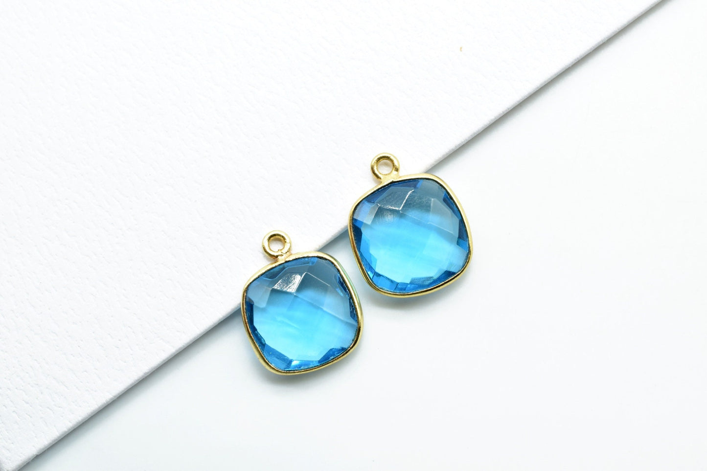 London Blue Topaz 12mm Cushion Shape Pendant,Gold Plated Single Bail Gemstone Connector,Faceted Cushion Shape Gemstone Bezel,Cushion Charms