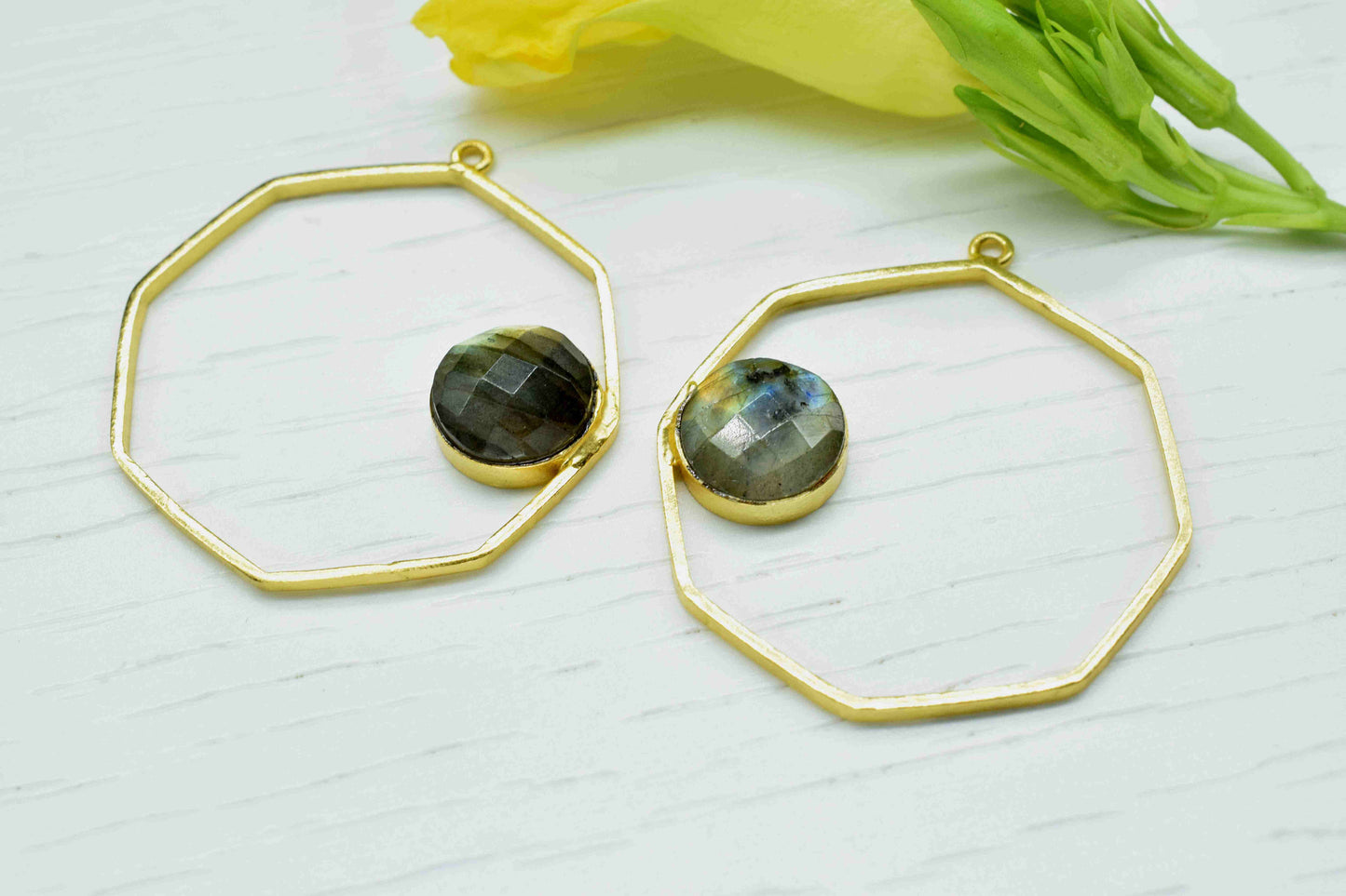 Labradorite Gemstone Component Hexagon Shape Single Bail Charm,Labradorite Connector Pendant,Finding Gold Plated Connectors, Pendant Jewelry