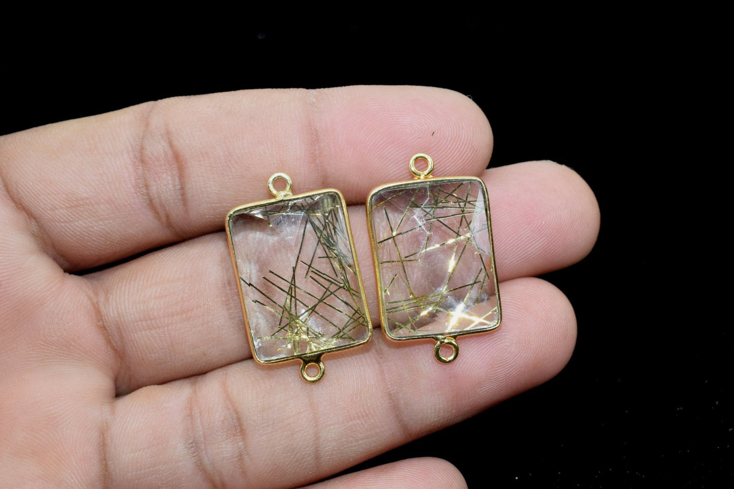 Golden Rutile 15x20mm Rectangle shape double bail charm,Golden Rutile Stone Pendant Charm,Golden Rutile Double Bail Connectors,Cushion charm