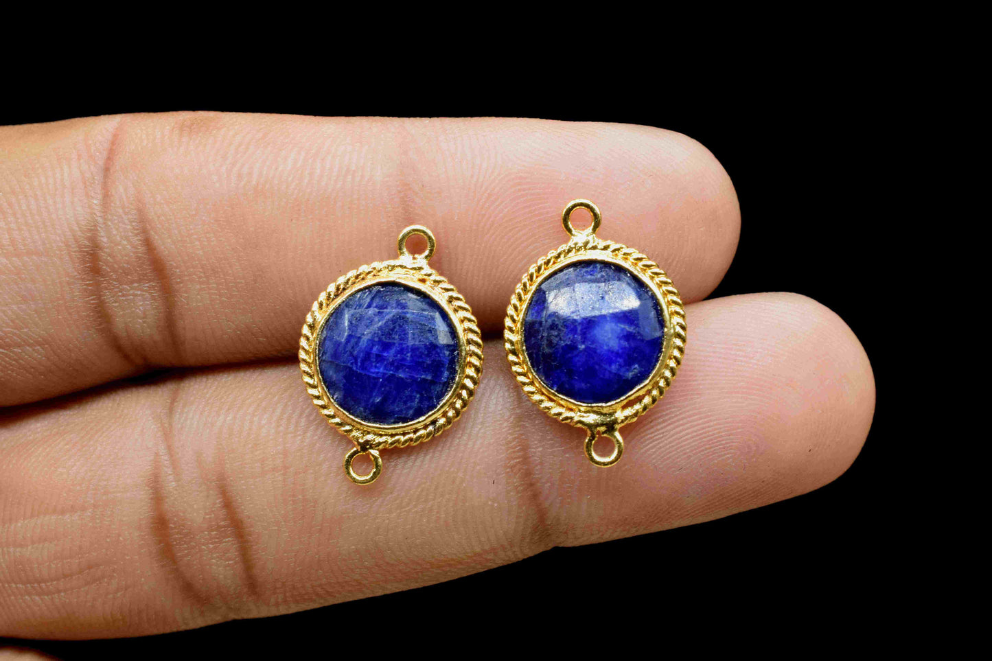 Blue Sapphire 10mm Round Shape Connector,Blue Sapphire Double Bail,Gold Plated Earring Connector,Pendant Findings,Blue Sapphire Stud Jewelry