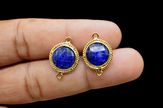 Blue Sapphire 10mm Round Shape Connector,Blue Sapphire Double Bail,Gold Plated Earring Connector,Pendant Findings,Blue Sapphire Stud Jewelry