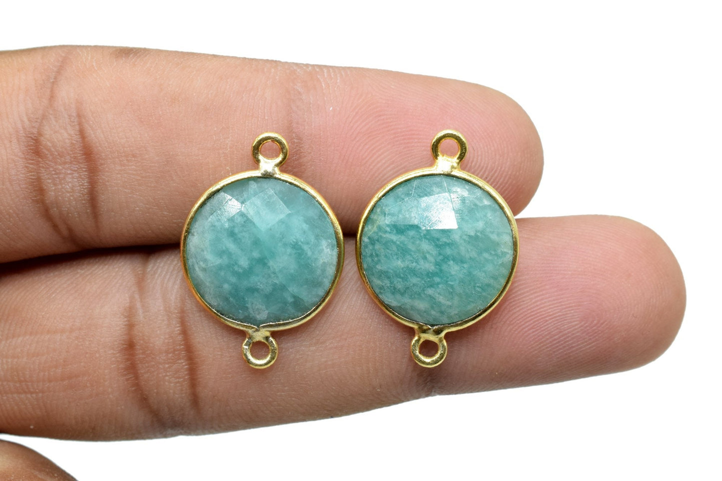 Amazonite 14mm Round double loop Connectors,Brass Gold Plated bezel,Amazonite Pendant,Amazonite Coin shape Links,Jewelry Making Findings