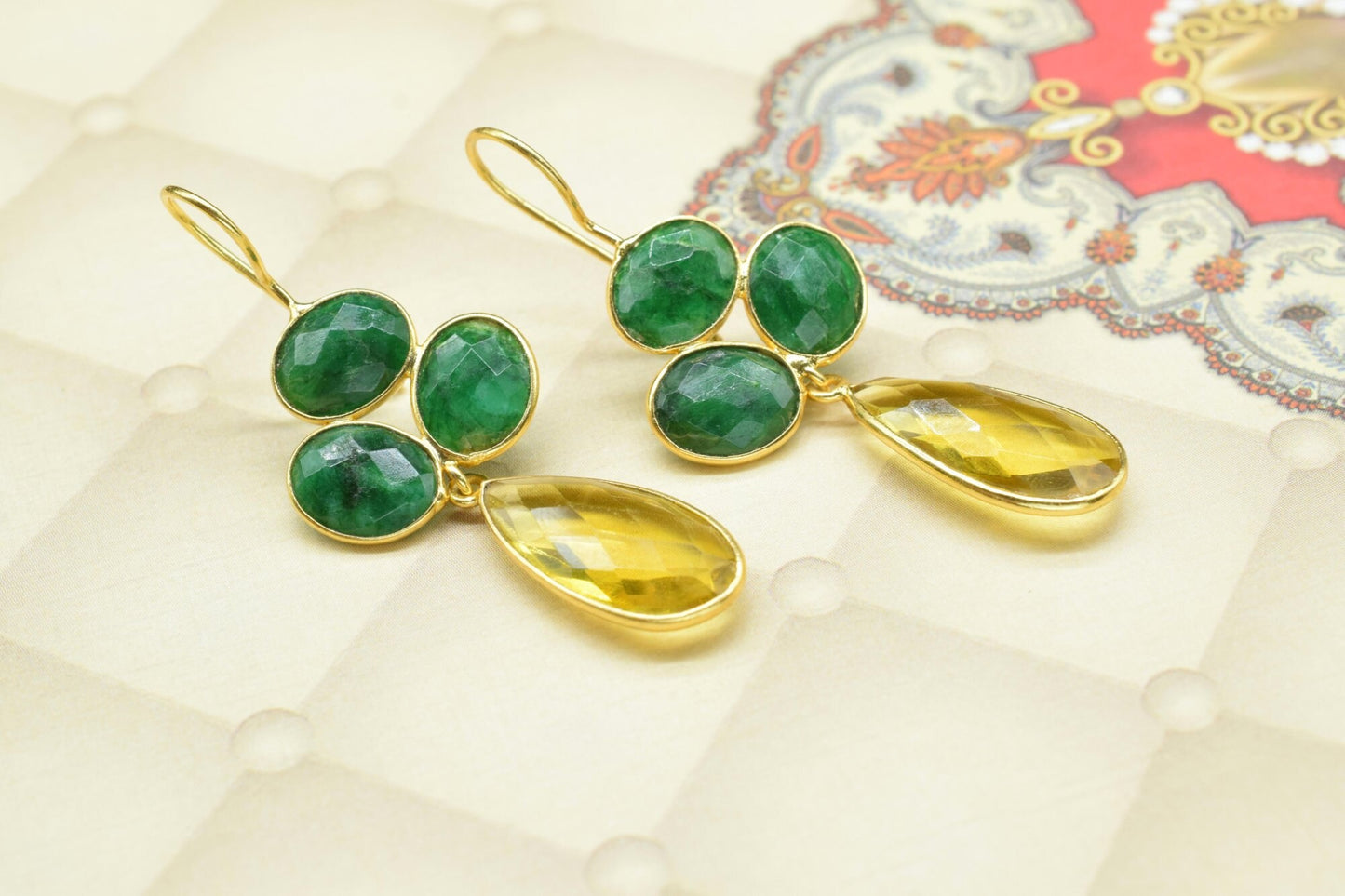 Natural Emerald Dangle Earrings,Multi Stone Dangle Earring,Statement Earring,Handmade Jewelry,Citrine Drop Earrings,Gemstone Bezel Earring