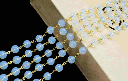 Opalite Gemstone beads Smooth Gold Plated Rosary Chain,Opalite Beads Wire Wrapped Rosary Chain,Oval 6mm Round Shape Smooth beads Chain,Gift