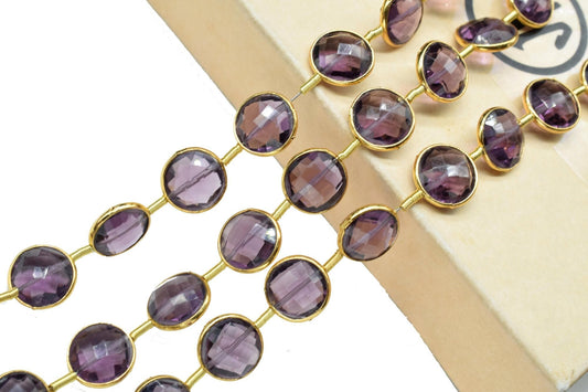 Amethyst Gemstone 10mm Round Charms Beads Strand,Amethyst Findings Jewelry Making,Brass Gold Plated bezel,February Birthstone Coin Links