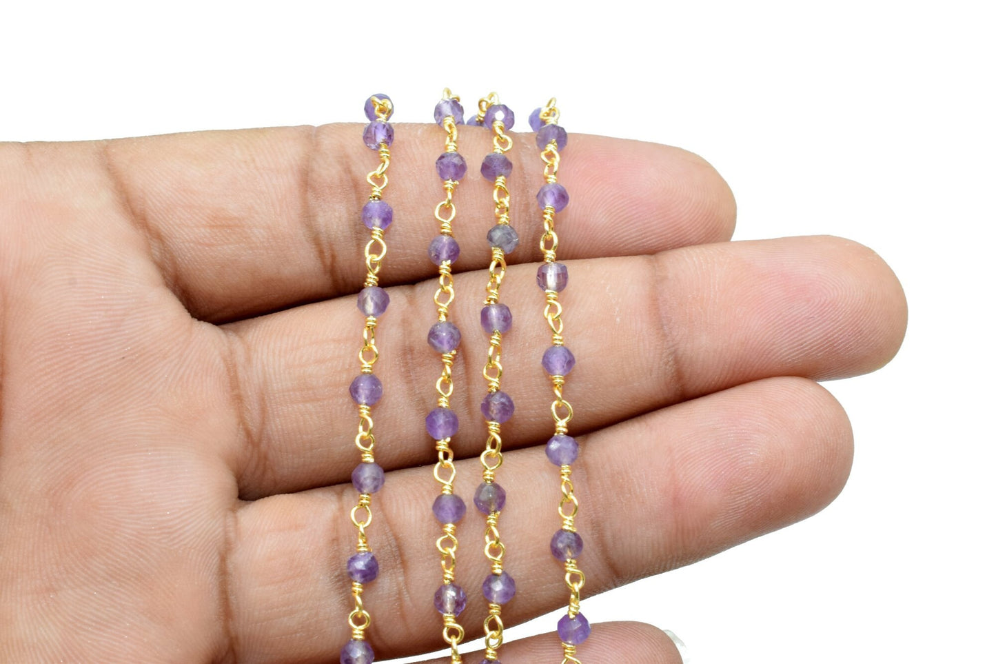 Amethyst 3mm Beaded Chain,Amethyst wire wrapped rosary chain,Roundel Faceted Gold Plated Beaded Rosary Chain,Beautiful Amethyst Beaded Chain