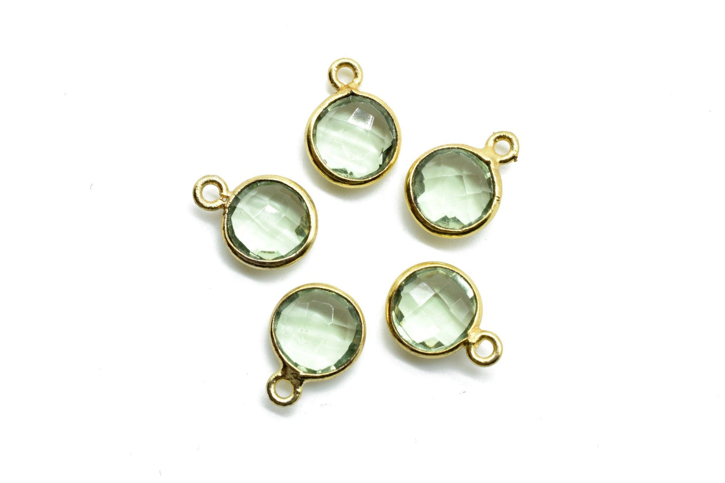 Natural Green Amethyst 8mm charm,Green Amethyst Pendant,Green Amethyst Round Gold Plated bezel,Vermeil ,jewelry making charm Brass connector