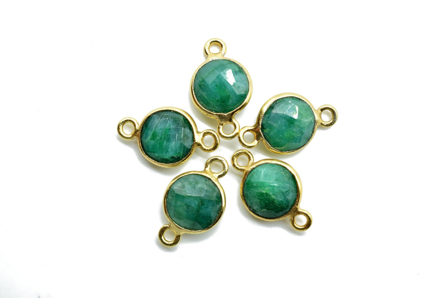 Natural Emerald 8mm double loop connectors,Emerald Pendant,Emerald Round Gold Plated bezel,,jewelry making charm,Emerald Brass connector