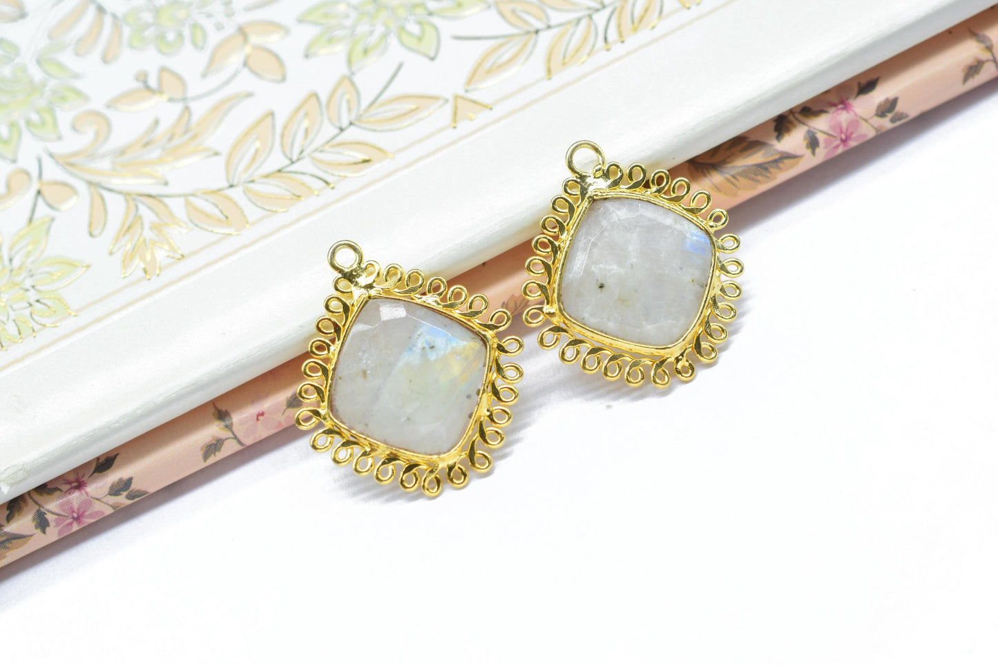 Moonstone 14mm Cushion Bezel Charms,Gemstone Single Bail,Component charm,Handmade Jewellery Connectors,Boho Pendant Charm,Wholesale Jewelry