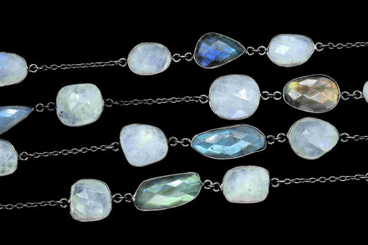 Rainbow Moonstone Mixed Shape Faceted Bezel Chain,Labradorite Handmade Bezel Link Chain,Gemstone Bezel Connector Rosary,Black Rhodium Bezel