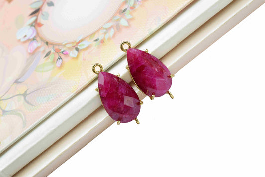 Natural Ruby Connector,Ruby jewelry meking,Prong Set Bezel Pendant,12x20mm Teardrop Bezel,double bail connectors,Handmade Gemstone Bezel