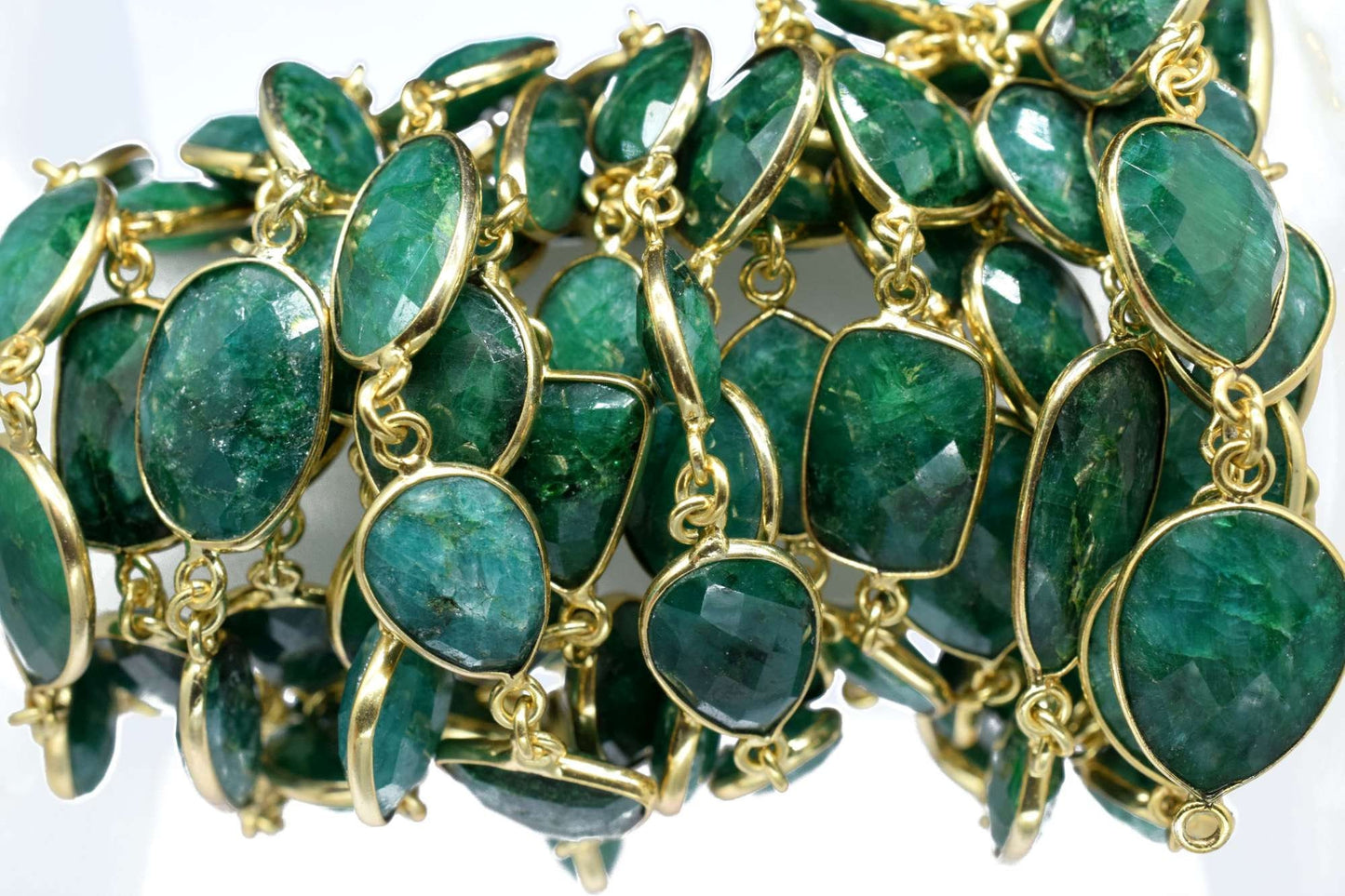 Natural Emerald Faceted Connectors, Gold Bezel Chain, Free Size Gemstone Connector, Handmade Station Bezel Link Chain, Emerald Bezel Jewelry
