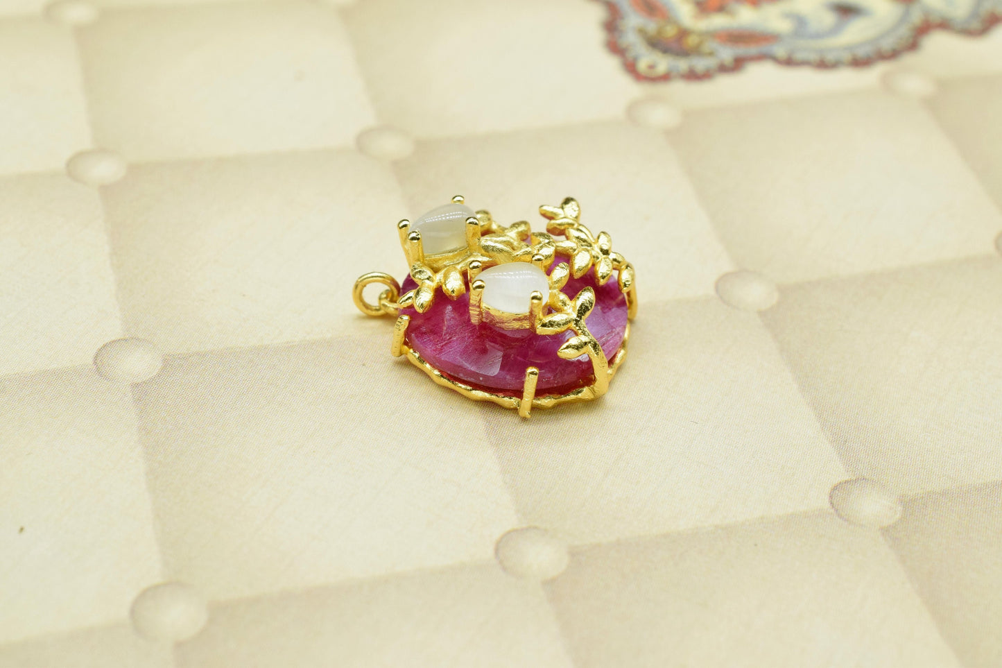 Natural Ruby Pendant,Leaf Designer Pendant Charm,Handmade Craft,Rainbow Pendant Jewelry,Multi Stone Pendant,Prong Set Pendant,Circle Pendant