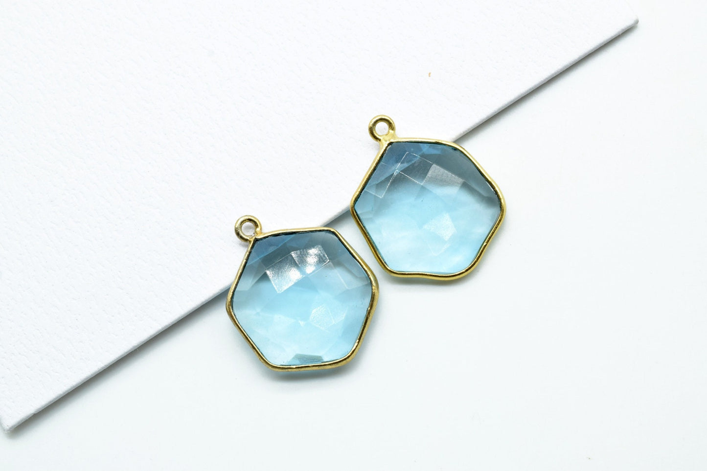 Sky Topaz 16mm Hexagon Shape Pendant,Gold Plated Single Bail Gemstone Connector,Faceted Hexagon Shape Gemstone Bezel,Topaz Hexagon Charms