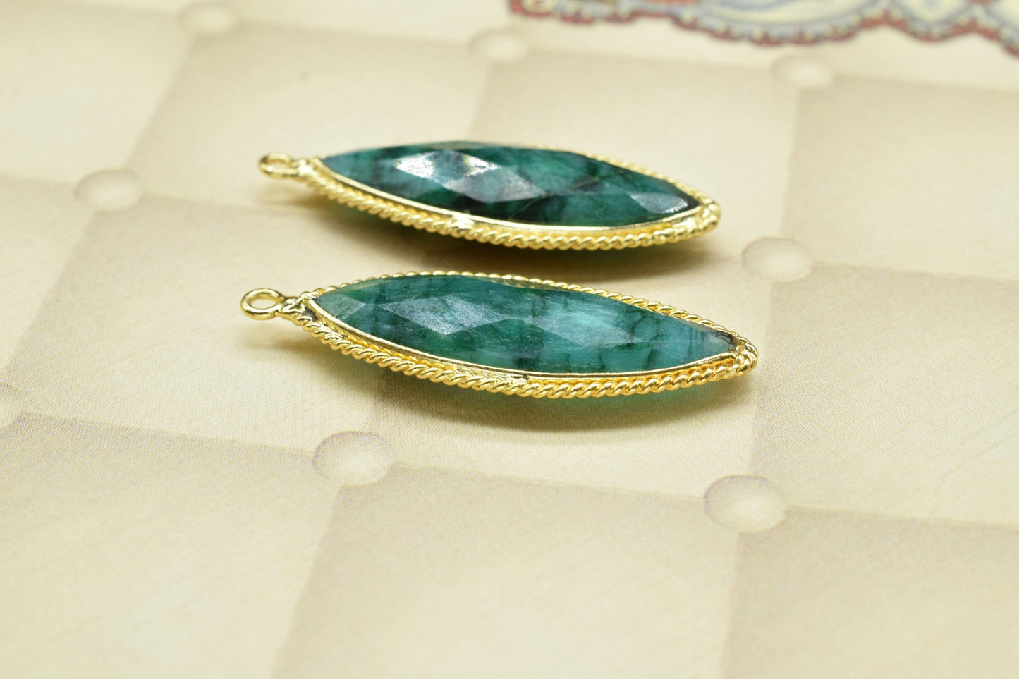 Emerald Gemstone Connector,Emerald Gold Plating Charm Connectors,Emerald Single Bail Charm,Emerald Faceted 10x30mm Marquise Shape Connectors