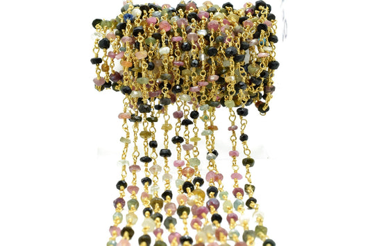 Multi Tourmaline Rosary Chain,Multi Tourmaline Wire Wrapped Rosary,3 to 3.5mm beaded chain,Natural Multi Tourmaline beaded Chain,gold chain