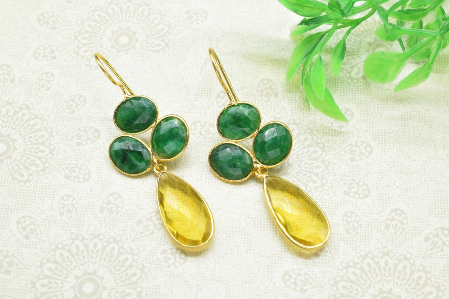 Natural Emerald Dangle Earrings,Multi Stone Dangle Earring,Statement Earring,Handmade Jewelry,Citrine Drop Earrings,Gemstone Bezel Earring