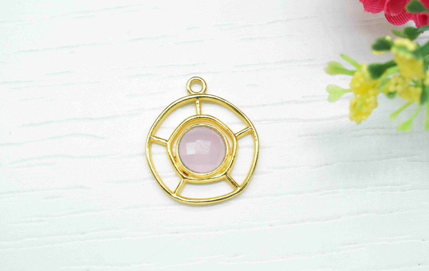 Rose Quartz Gemstone Component, Single Bail Charm , Rose Quartz  Connector Pendant , Gold Plated Connectors , Earring Component , B'day Gift