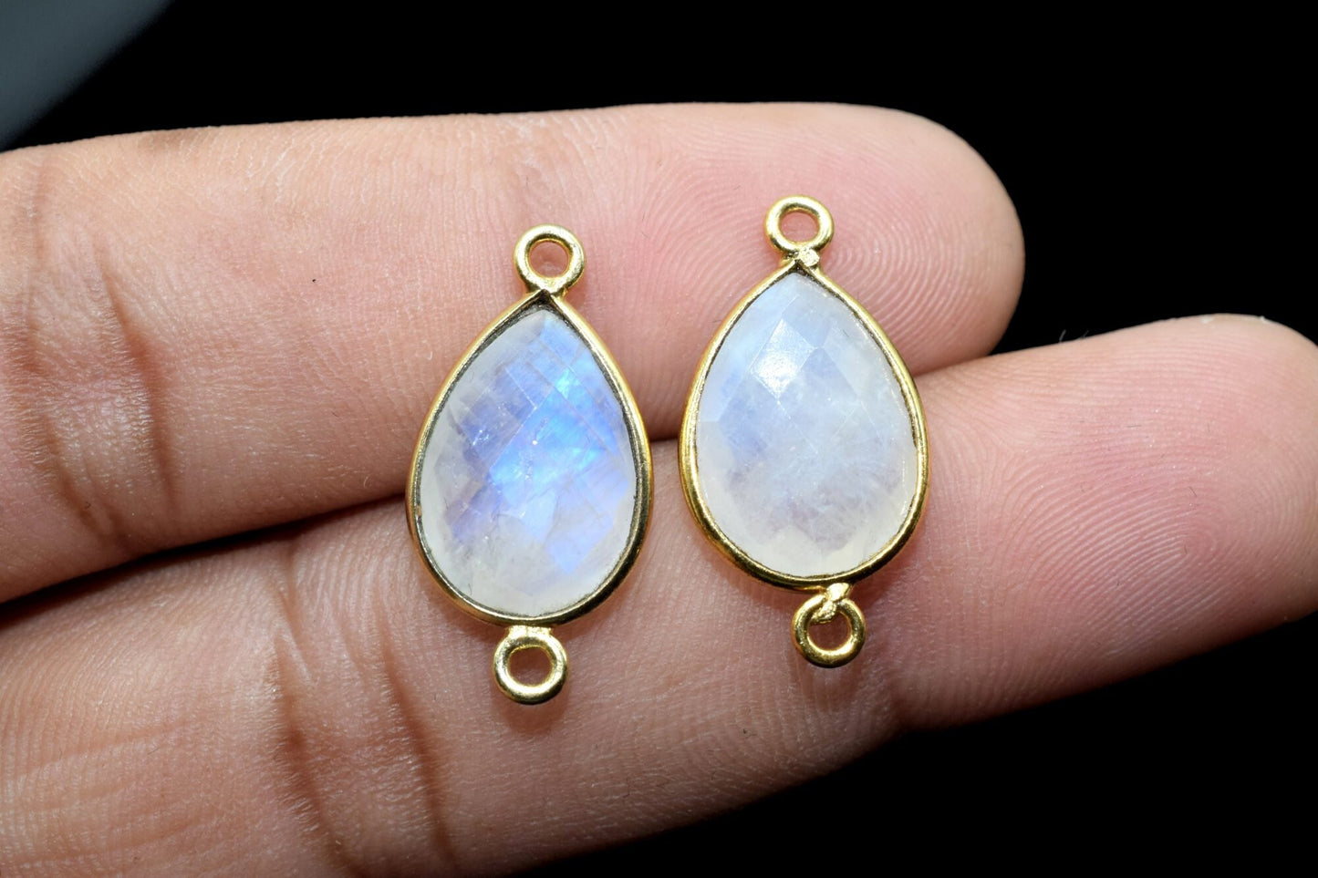 Moonstone 10x14mm Pear Shape Double bail Connectors,Moonstone Teardrop pendant,Moonstone Gold Plated bezel,jewelry making charms crafts,