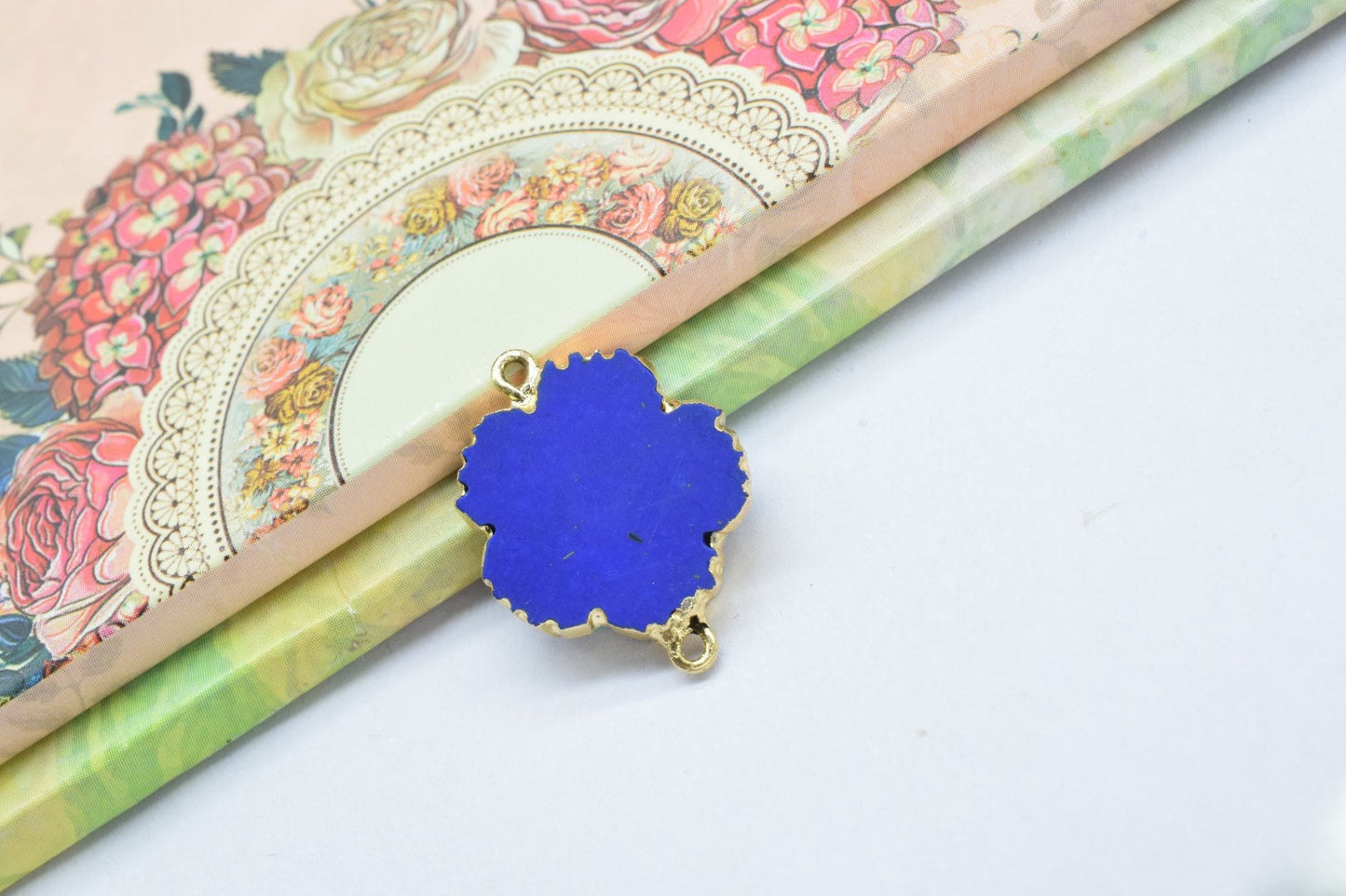 Lapis Lazuli Clover Shape Pendants,Handmade Flower charm Pendants,Necklace Connectors,Gemstone Electroplated Charm,Double Bail Connectors
