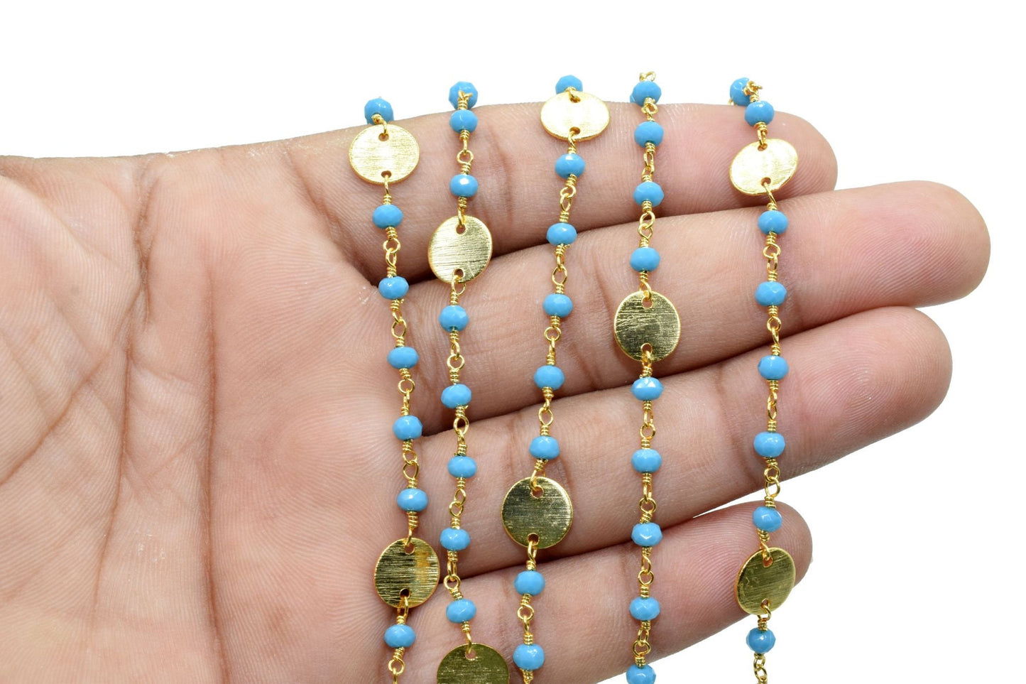 Turquoise 3mm Beaded Chain,Beaded Gold Plated Rosary Chain,Turquoise Rondelle Faceted Rosary Chain,jewelry Making,Finding,circle charm chain