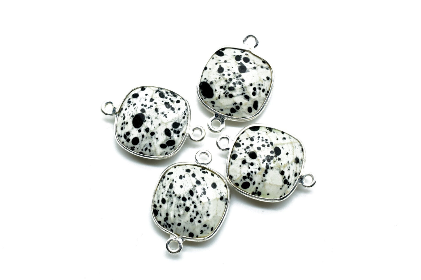 Dendrite Opal 14mm Cushion double loop connectors,Dendrite Opal Bezel Findings Cushion Charm,Dendrite Opal Cushion Shape silver Plated charm