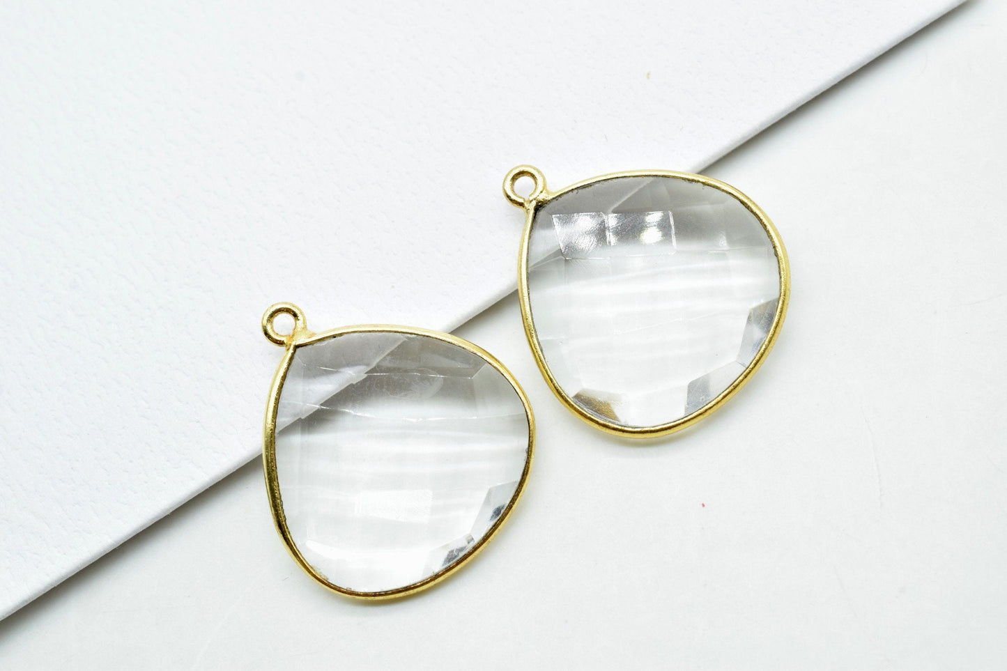 Crystal 20mm Heart Shape Charm,Crystal Quartz Bezel,Crystal Heart Shape Connector,Crystal Heart Pendant 24k Gold Plated,Single flat Bail 1pc