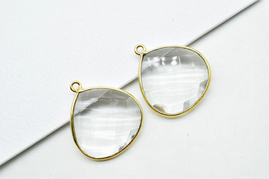 Crystal 20mm Heart Shape Charm,Crystal Quartz Bezel,Crystal Heart Shape Connector,Crystal Heart Pendant 24k Gold Plated,Single flat Bail 1pc