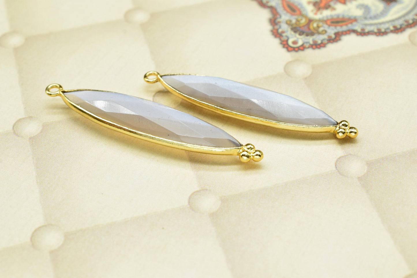 Grey Moonstone Faceted 7x34mm Marquise Shape Charms,Moonstone Gold Plated bezel jewelry,Grey Moonstone Pendant Station Bezel Link Jewelry